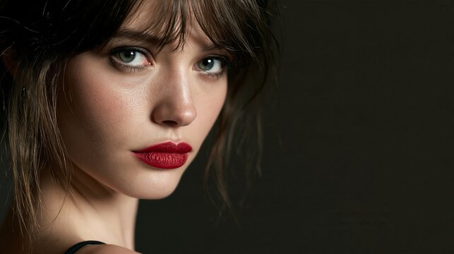 Striking female beauty model with flawless skin and vibrant red lipstick posing against a dark background.