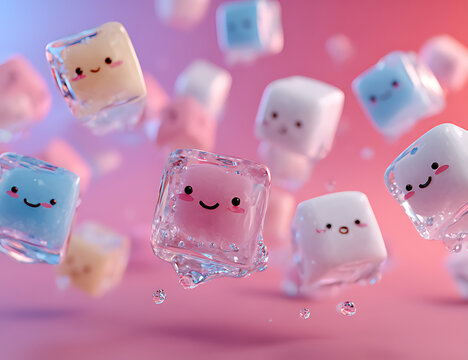 cute cartoon ice cubes floating on the water against