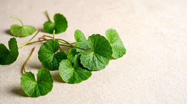 Fresh Gotu Kola Leaves on Clean Light Stone Background
