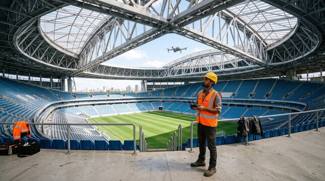 Construction worker inspects a modern stadium during daylight hours