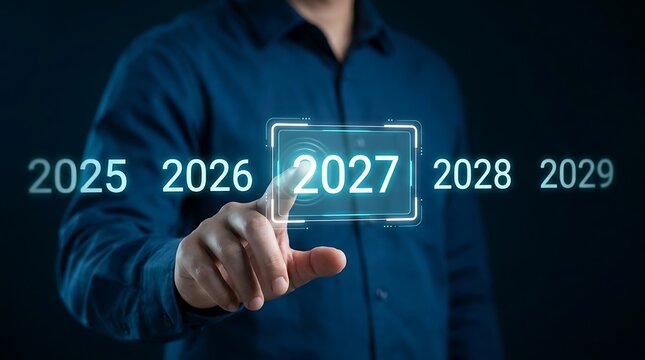 Hand touching screen displaying year 2027 in digital interface showing consecutive years for future planning.