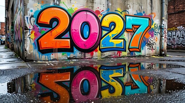 Vibrant graffiti art on a weathered wall with the year 2027 spray painted in bold colors, reflected in puddles on street, urban art for creative designs.