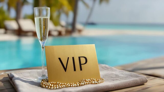 vip sign and glass champagne on pool background animation