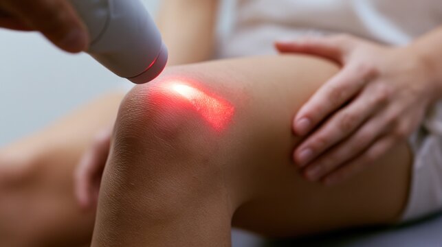Closeup laser therapy on knee treatment with red light device for medical rehabilitation clinic and pain relief care background