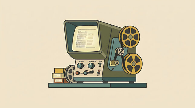 Vintage microfilm reader machine with dual reels and display screen on a desk