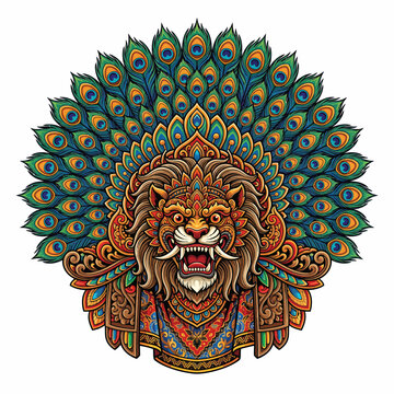 Vibrant Reog Ponorogo lion mask illustration decorated with majestic peacock feather fan details