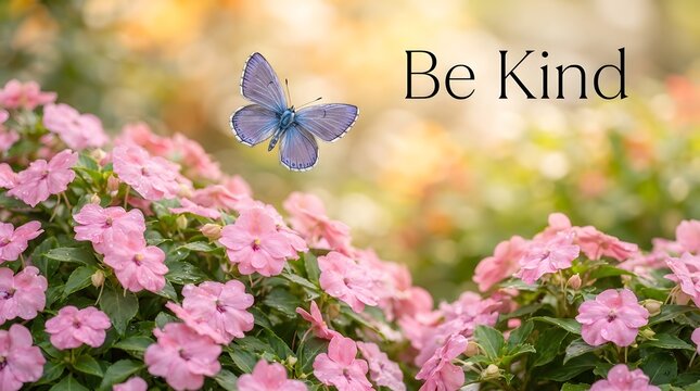 Be Kind Quote with Blue Butterfly Flying Over Pink Flowers in Sunlit Green Garden