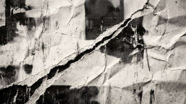 Halftone crumpled paper texture with black a dotted, rough, and wrinkled surface. White creased sheet background in comic pop-art style, featuring grainy folds and gritty distressed details.