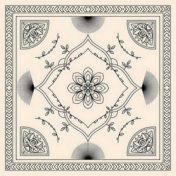 Square bandana design with intricate floral line art and geometric borders in vintage style