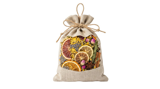 Scented potpourri in burlap bag isolated on transparent background