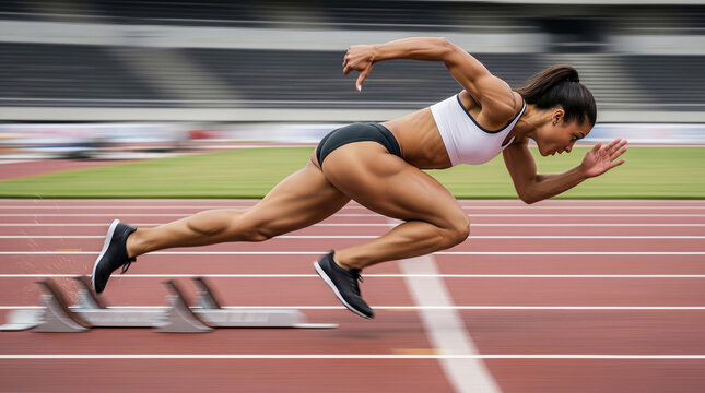 Dynamic female athlete sprinting on running track perfect for professional fitness concepts and competitive sports marketing