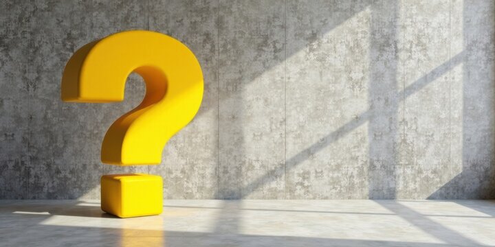 A large yellow question mark stands in a sunlit room against a textured concrete wall, representing uncertainty and inquiry.