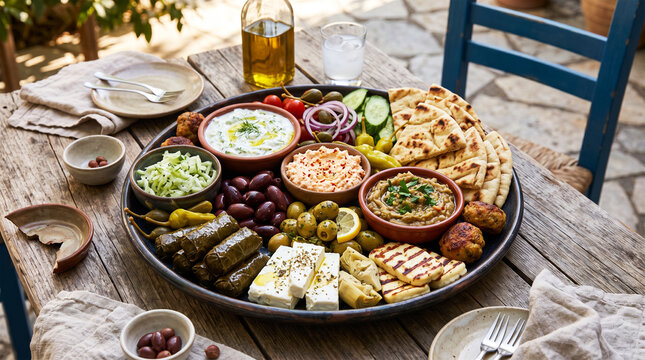 Greek meze platter with pita bread, dips, olives, feta cheese, and grilled halloumi on wooden table