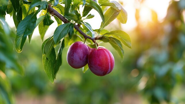 Ripe plums hanging on branch in sunlit orchard background