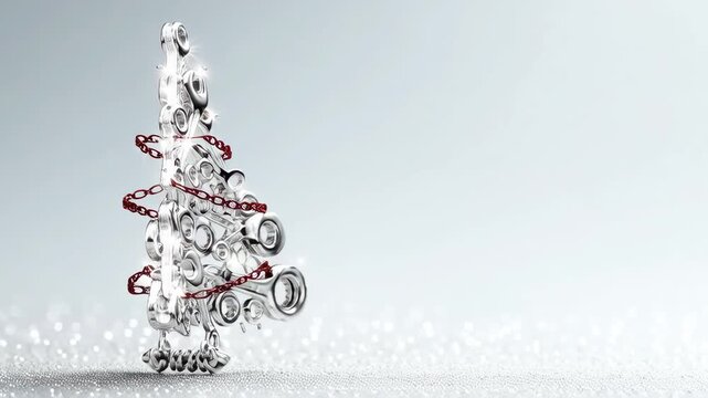 A Christmas tree made of silver wrenches with a bright garland on a clean white background with space for a Happy New Year greeting in an industrial holiday concept. Loop animation