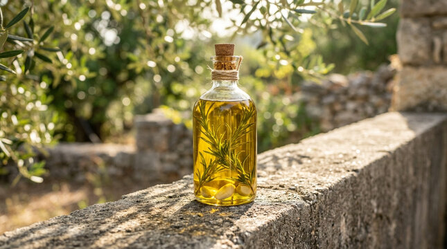Bottle of Extra Virgin Olive Oil Infused with Fresh Rosemary and Garlic