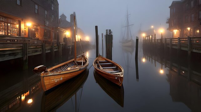 at dawn with wooden boats resting on calm water, distant mountains barely visible through mist, warm reflections from dock lights, cinematic maritime photography, quiet atmospheric storytelling