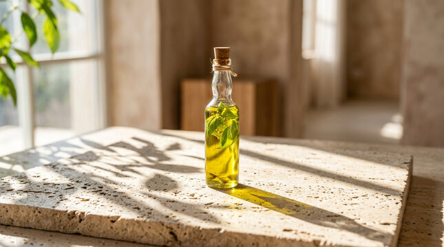 Extra Virgin Olive Oil Bottle with Fresh Basil on Natural Stone Countertop