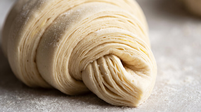 Unbaked raw croissant dough with visible flaky layers on a floured surface