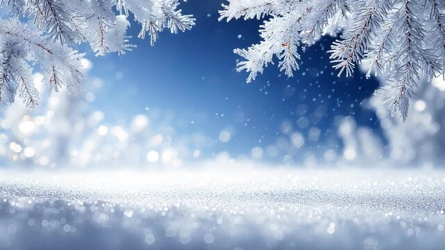 Christmas landscape with snow and frosted pine branches. Winter animation background, footage. New Year greeting card with space for text, a template for product display