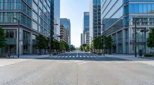 A pristine urban street framed by towering glass skyscrapers, symbolizing modern development, architectural innovation, and metropolitan potential in a dynamic city environment