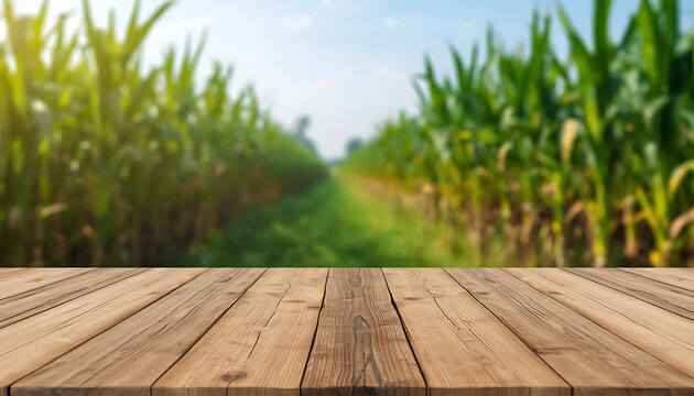 The image displays an empty wooden table surface in the foreground with a blurry green cornfield and a bright sky in the background