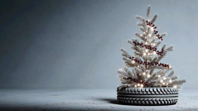 A Christmas tree made from car tires with garlands, a festive decoration. Slow motion Snowflakes fall. New Year's in the industrial and transportation sectors