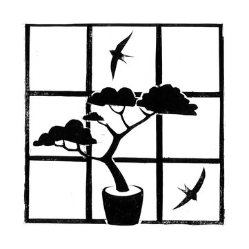 Monochrome  print  of bonsai tree and swallows flying outside window, made with upcycled food packaging plate