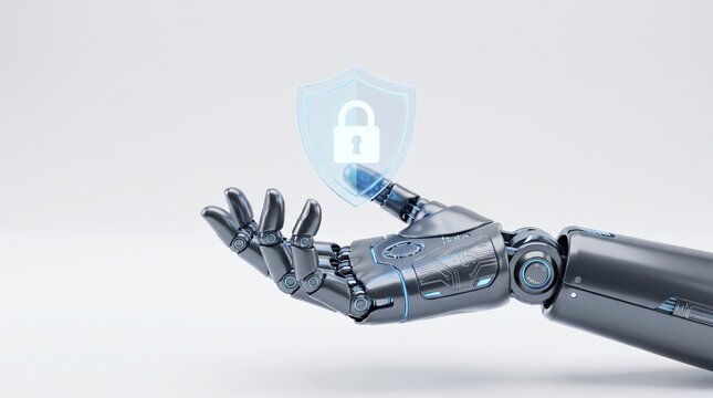 Robotic hand holding a digital holographic shield with a padlock icon representing AI cyber security and data protection