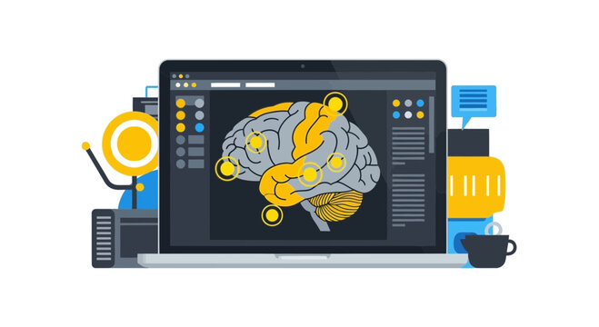 Laptop displaying human brain scan with neural highlights and data UI for AI and neurotechnology concepts