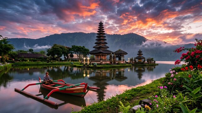 Bali water temple and traditional boat reflecting at dramatic sunset