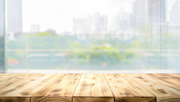 Countertop wood with big window and cityscape background