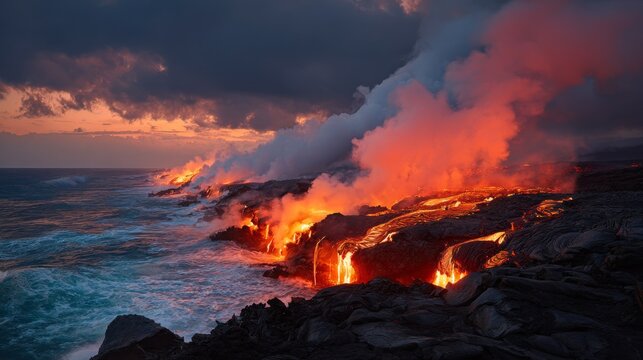 Coastal scene where fiery red lava flows into the ocean under a dramatic sunset sky. Smoke billows, water swirls