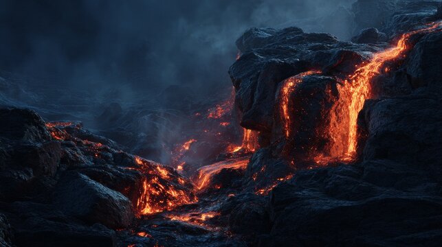 Molten lava cascades down a rocky cliff, glowing bright orange and red against a dark, smokey atmosphere