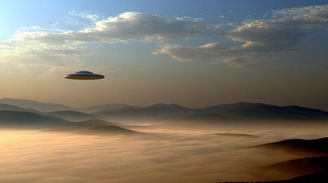 spacecraft resting in a remote desert valley, enormous mountains surrounding the landing site, soft sunrise illuminating metallic surfaces, atmospheric dust, cinematic science fiction composition,