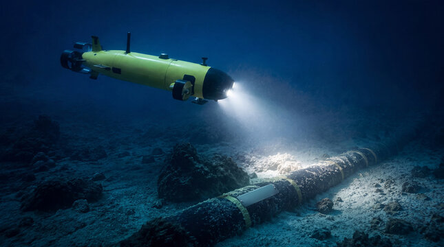 海底ケーブルを点検する無人水中航走体（UUV）、次世代海洋インフラの安全保障技術 / Autonomous unmanned underwater vehicle (UUV) inspecting a subsea cable, next-generation maritime infrastructure security