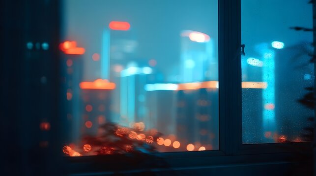 skyline viewed through a rain-covered window, blurred lights creating atmospheric reflections, distant skyscrapers fading into fog, intimate cinematic mood, shallow depth of field, sophisticated