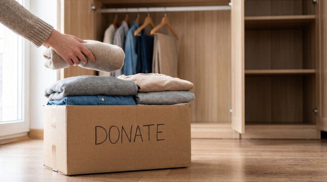 Donating folded clothes while decluttering home wardrobe