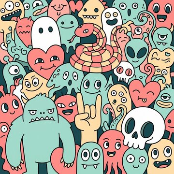 Colorful cartoon monster doodle collage with cute fantasy characters