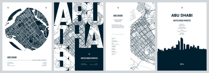 Fototapeta premium Set of travel posters design with street plan Abu Dhabi is the capital city of the United Arab Emirates, Silhouette city skyline, vector artwork, Monochrome printable detailed urban city map