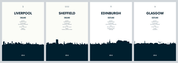 Naklejka premium Set of travel posters with city skylines Liverpool, Sheffield, Edinburgh, Glasgow, Detailed minimalistic panorama of the urban silhouette, Black and white printable artwork, vector graphic