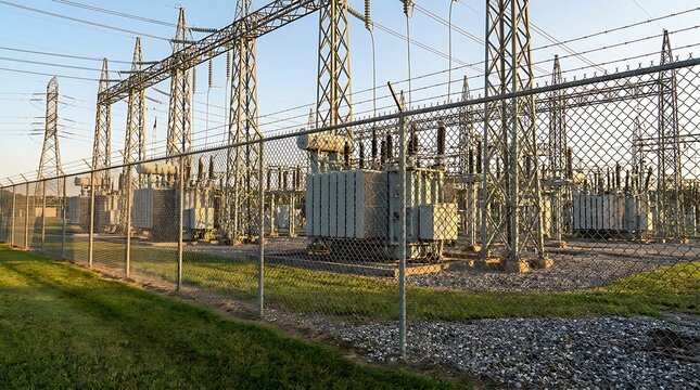An expansive outdoor electrical substation featuring intricate power lines, large transformers, and robust infrastructure for efficient energy distribution across the electrical grid