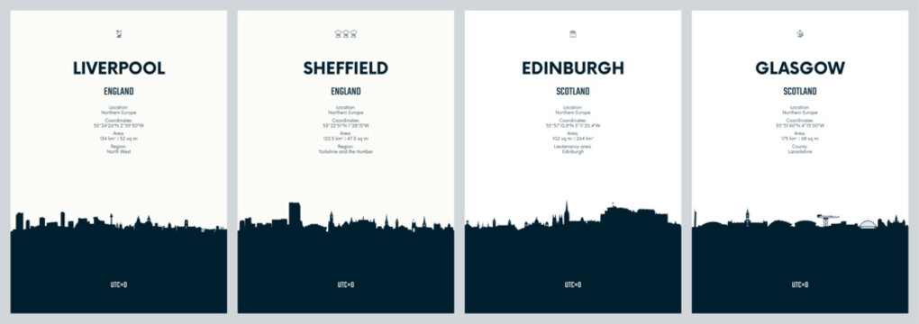 Set of travel posters with city skylines Liverpool, Sheffield, Edinburgh, Glasgow, Detailed minimalistic panorama of the urban silhouette, Black and white printable artwork, vector graphic