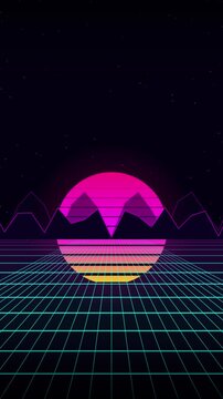 Neon Synthwave Sunset over a Geometric Retro Grid Landscape Background