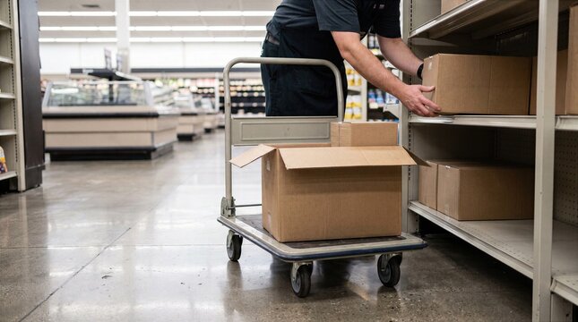 Retail worker stocking boxes on store shelves