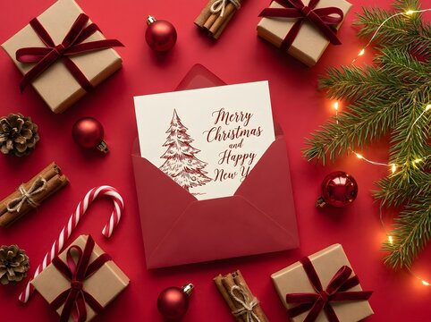 Handwritten christmas greeting card box surrounded by holiday gifts on red festive table