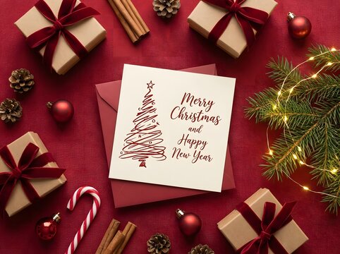 Handwritten christmas new year greeting card with festive gift wrapping and holiday decorations