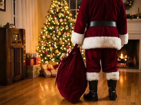 Santa Claus in traditional red suit holding large gift sack indoors near decorated Christmas tree