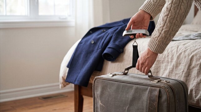 Traveler weighing suitcase before holiday departure