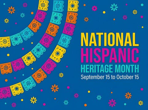 Colorful geometric patterns celebrating National Hispanic Heritage Month with date range September 15 to October 15